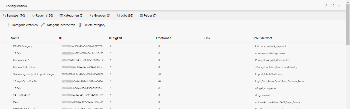 Registerkarte Einstellungen - Kategorien