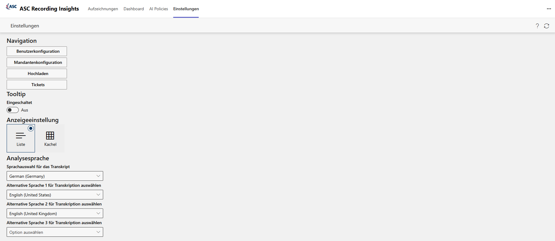Registerkarte Einstellungen