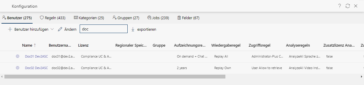Registerkarte Einstellungen - Benutzerkonfiguration