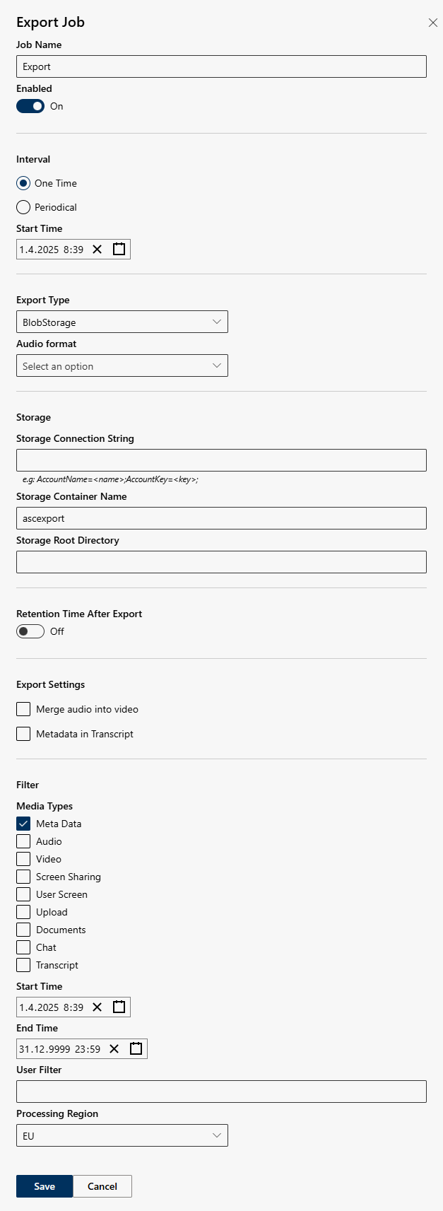 Configure export job