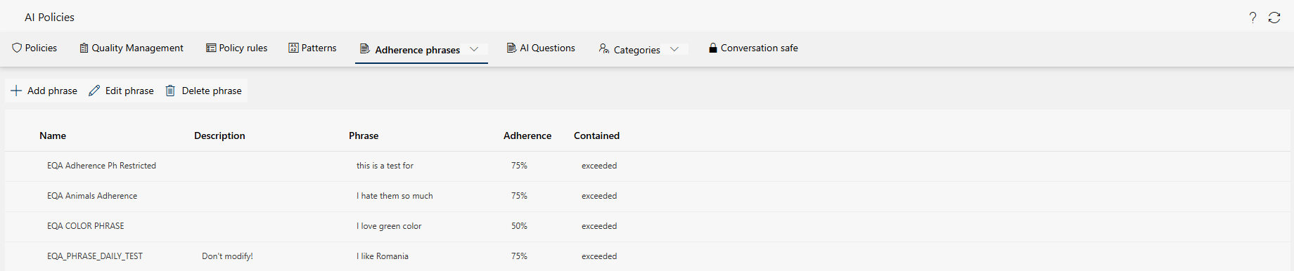 Tab Adherence phrases