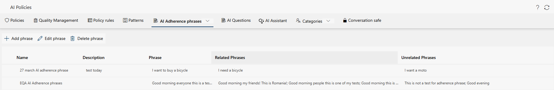 AI Adherence phrases
