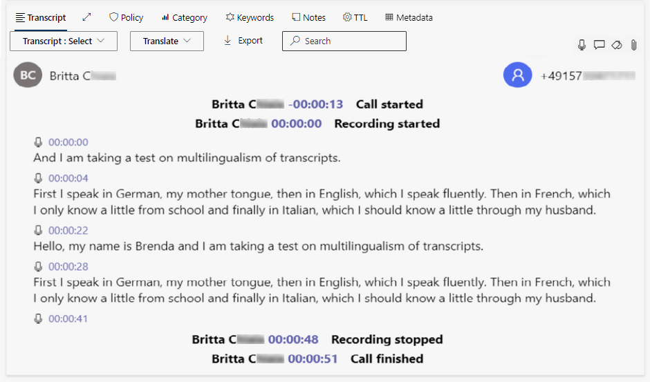Detail view tab Transcript with multi-language transcript of 1 recognized language