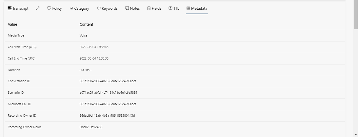 Detail view of recording, tab Metadata with displayed metadata
