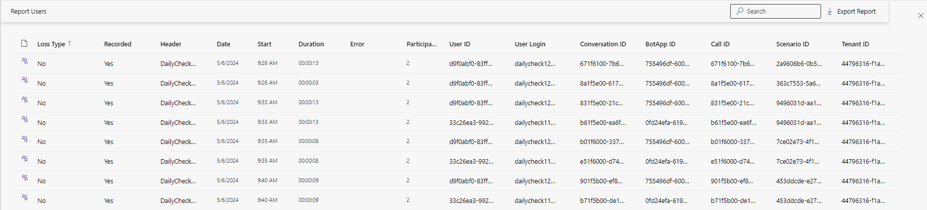 List view - User and scenario details