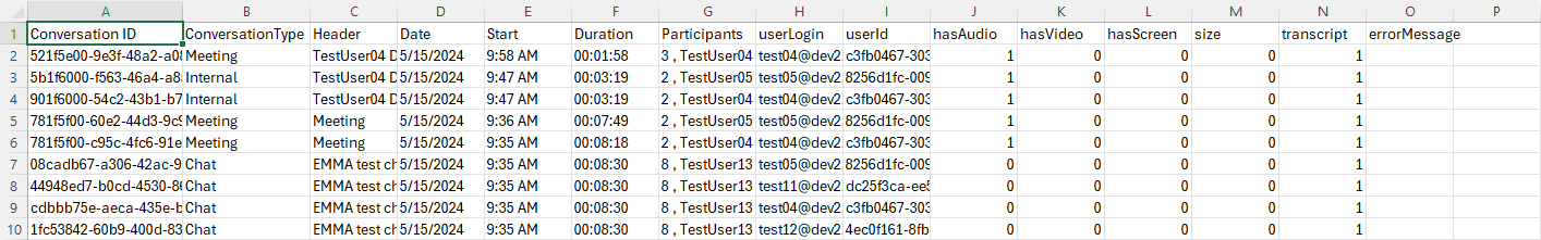 Conversation details with errors and losses XLSX file