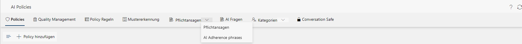 Dropdown-Liste Pflichtansagen, AI Adherence phrases