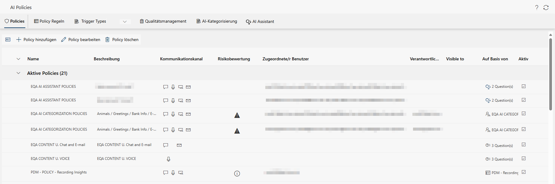 Listenansicht Policies
