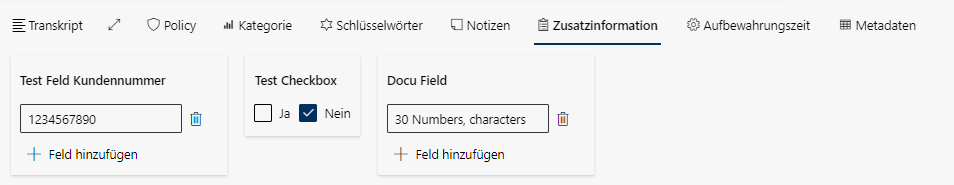 Aufzeichnung Detailansicht Registerkarte Felder - Felder gespeichert