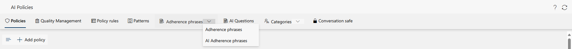 Drop-down list Adherence phrases, AI Adherence phrases